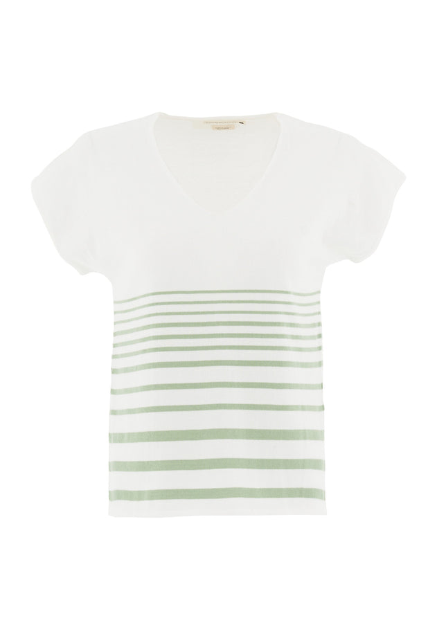 Dames Gestreept Gebreid T-shirt Gebroken wit / Matcha Green