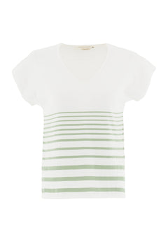 Women's Striped Knit T-Shirt Off White/Matcha Green