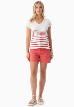 Dames Gestreept Gebreid T-shirt Gebroken wit / Radiant Red