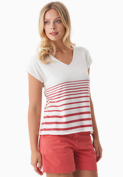 Dames Gestreept Gebreid T-shirt Gebroken wit / Radiant Red