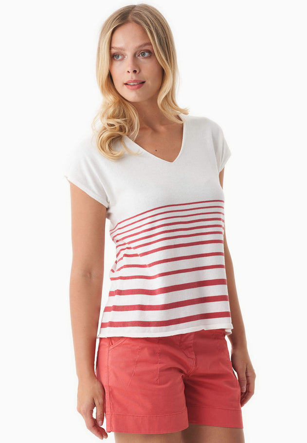 Dames Gestreept Gebreid T-shirt Gebroken wit / Radiant Red