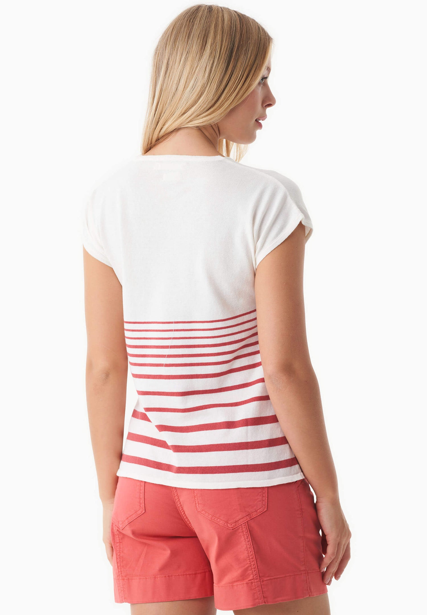 Dames Gestreept Gebreid T-shirt Gebroken wit / Radiant Red