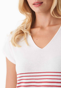 Women's Striped Knit T-Shirt Off White/Radiant Red