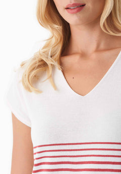 Dames Gestreept Gebreid T-shirt Gebroken wit / Radiant Red