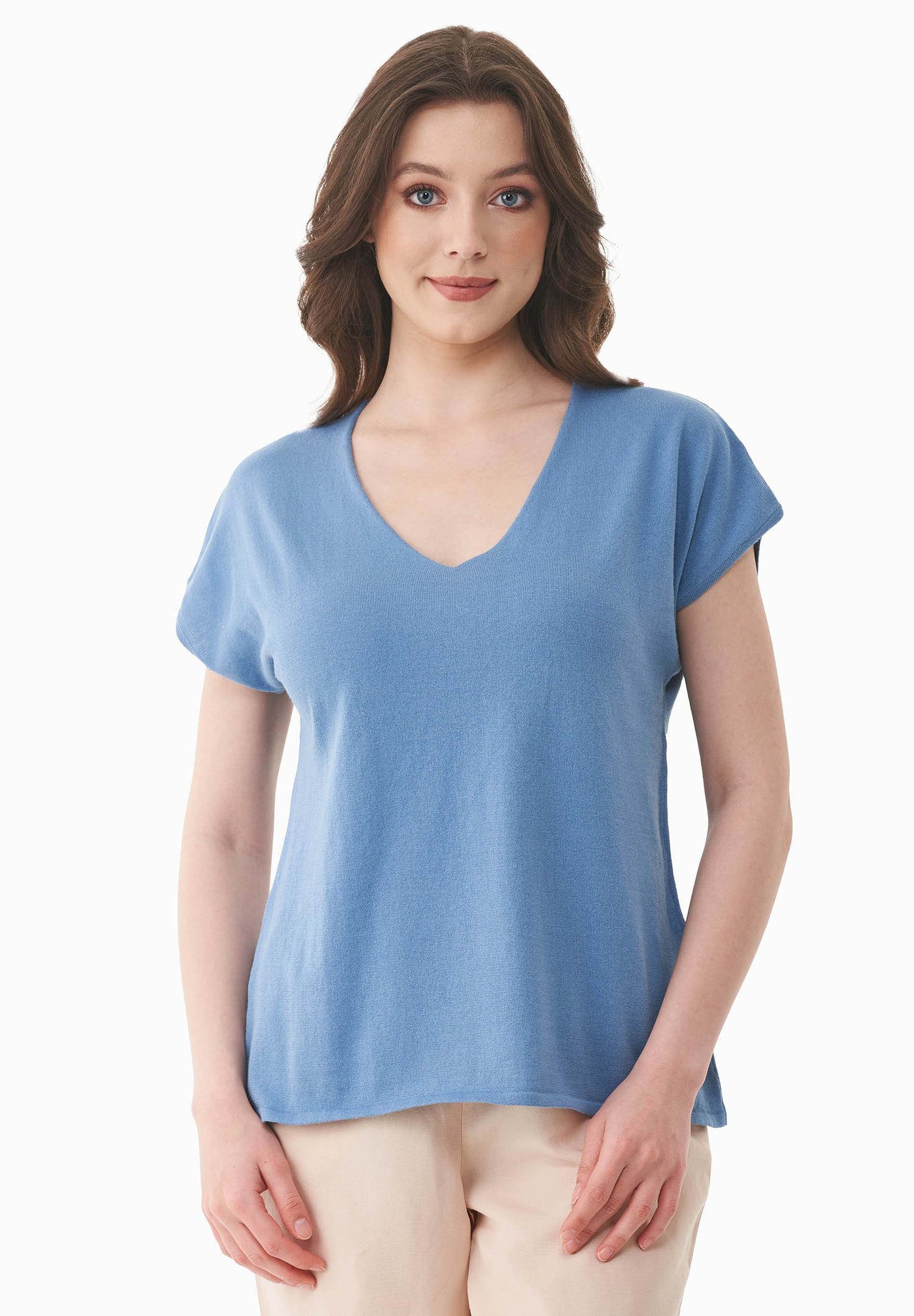 Dames Gebreid V-hals T-shirt Coronet Blue