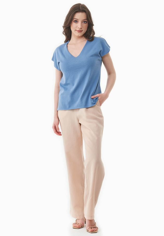 Dames Gebreid V-hals T-shirt Coronet Blue