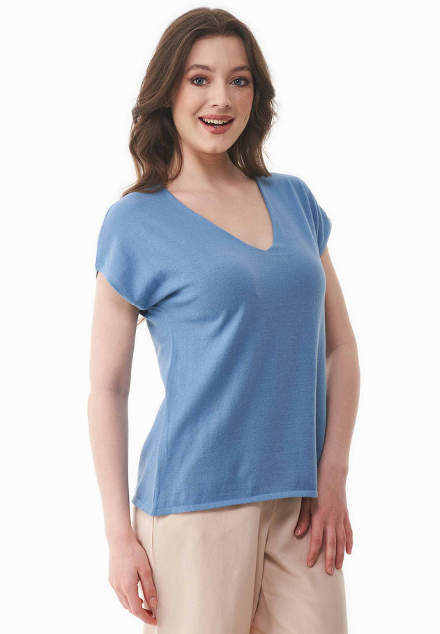 Dames Gebreid V-hals T-shirt Coronet Blue