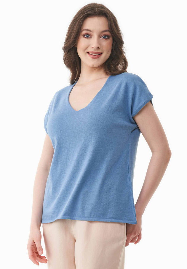Dames Gebreid V-hals T-shirt Coronet Blue