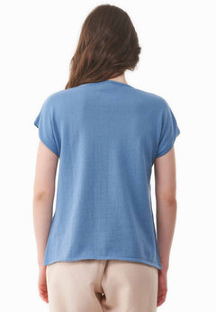 Dames Gebreid V-hals T-shirt Coronet Blue