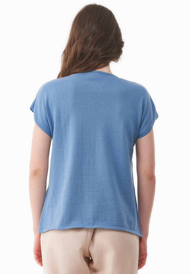 Dames Gebreid V-hals T-shirt Coronet Blue