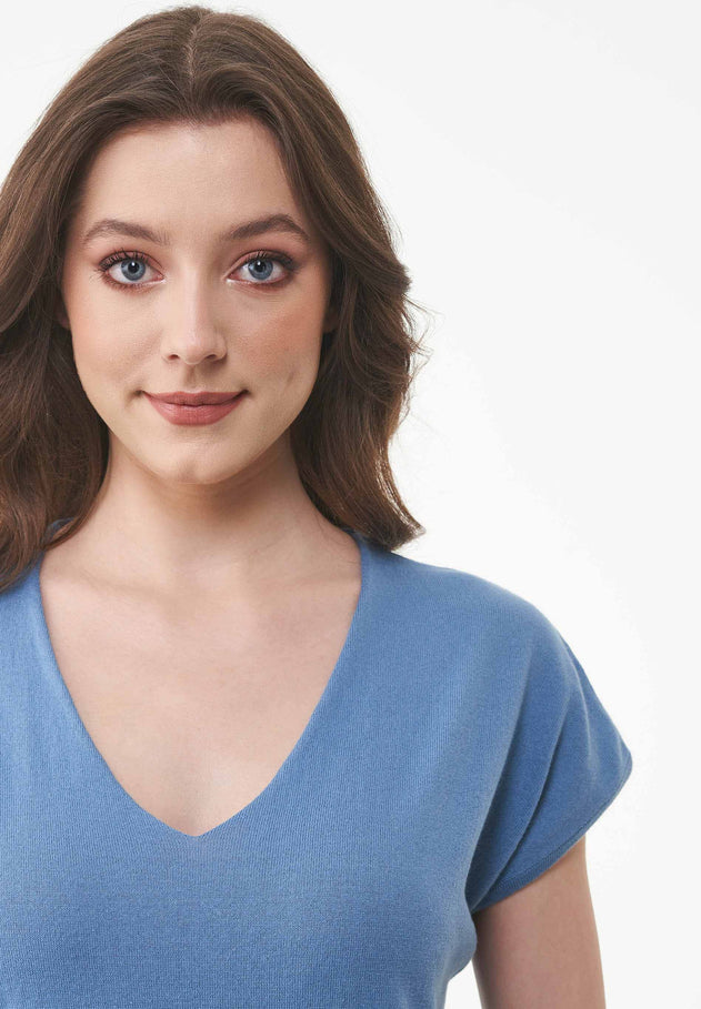 Dames Gebreid V-hals T-shirt Coronet Blue