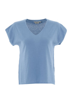 Dames Gebreid V-hals T-shirt Coronet Blue