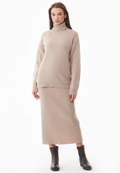 Wool Blend Midi Skirt Beige Melange