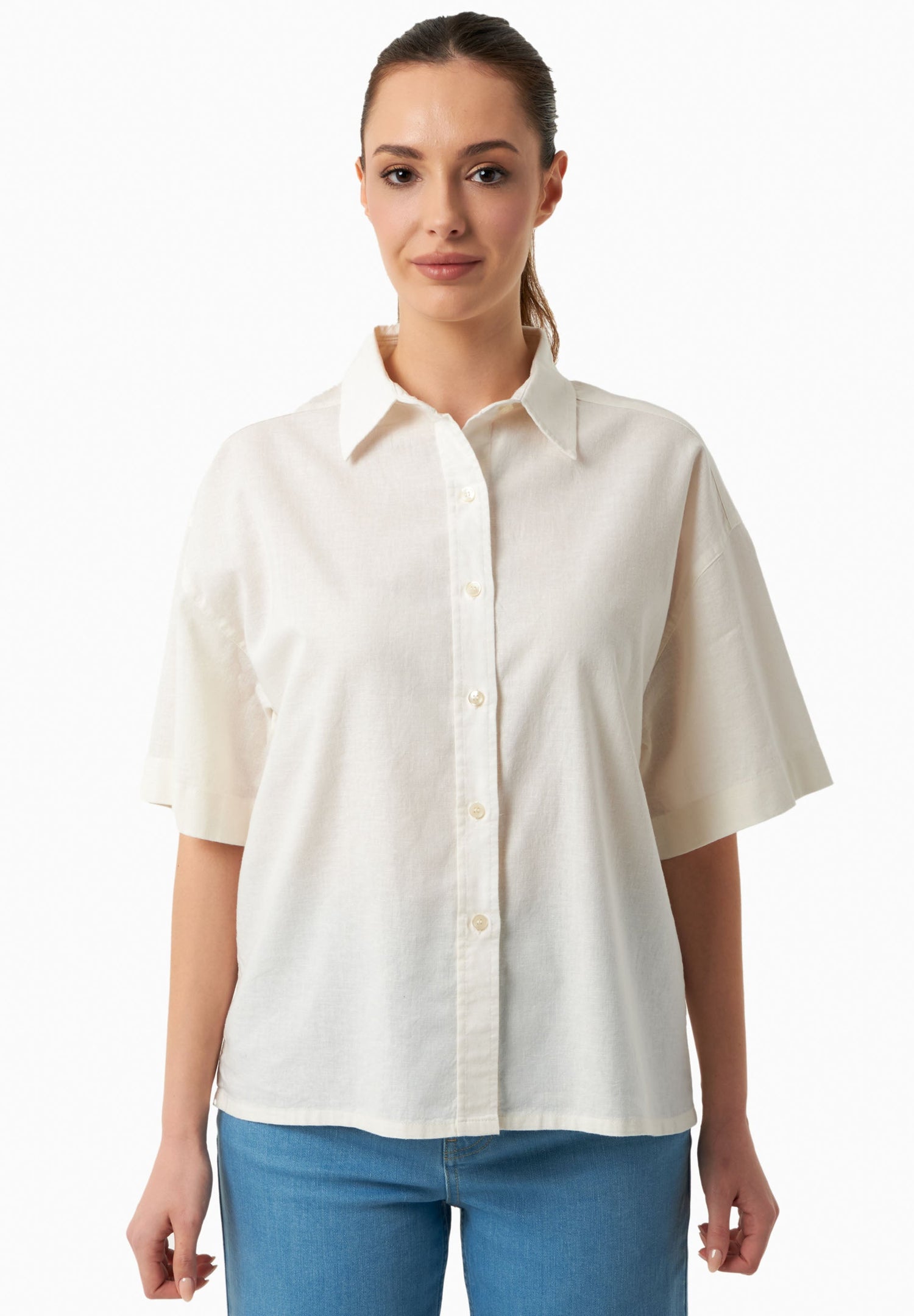 Short Sleeved Linen Blend Button-Up Off-White