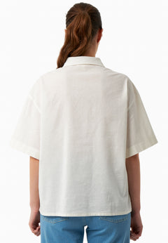 Short Sleeved Linen Blend Button-Up Off-White