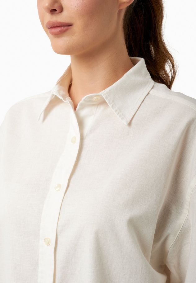 Short Sleeved Linen Blend Button-Up Off-White