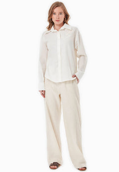 Embroidered Linen Blend Button-Up Off White