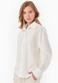 Embroidered Linen Blend Button-Up Off White