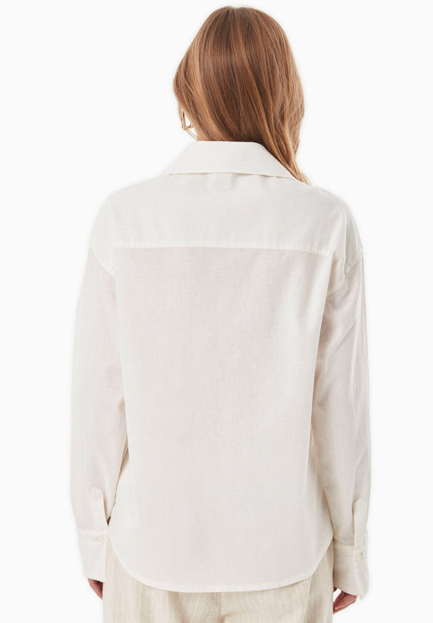 Embroidered Linen Blend Button-Up Off White