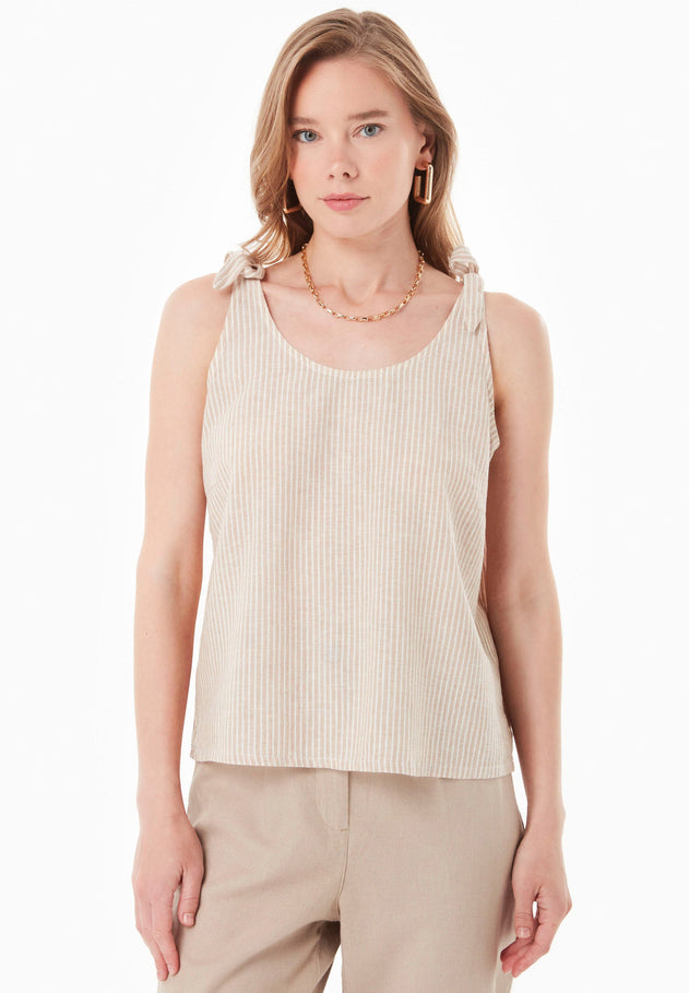 Gestreept Linnenmix Bandjestop Beige / Gebroken wit