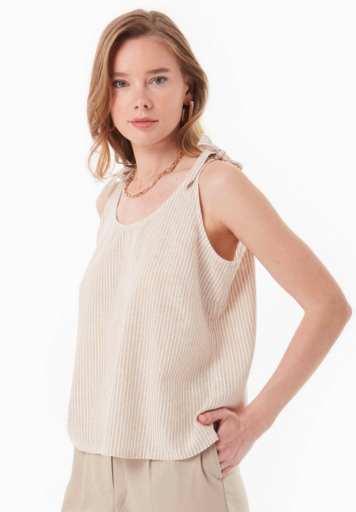 Gestreept Linnenmix Bandjestop Beige / Gebroken wit