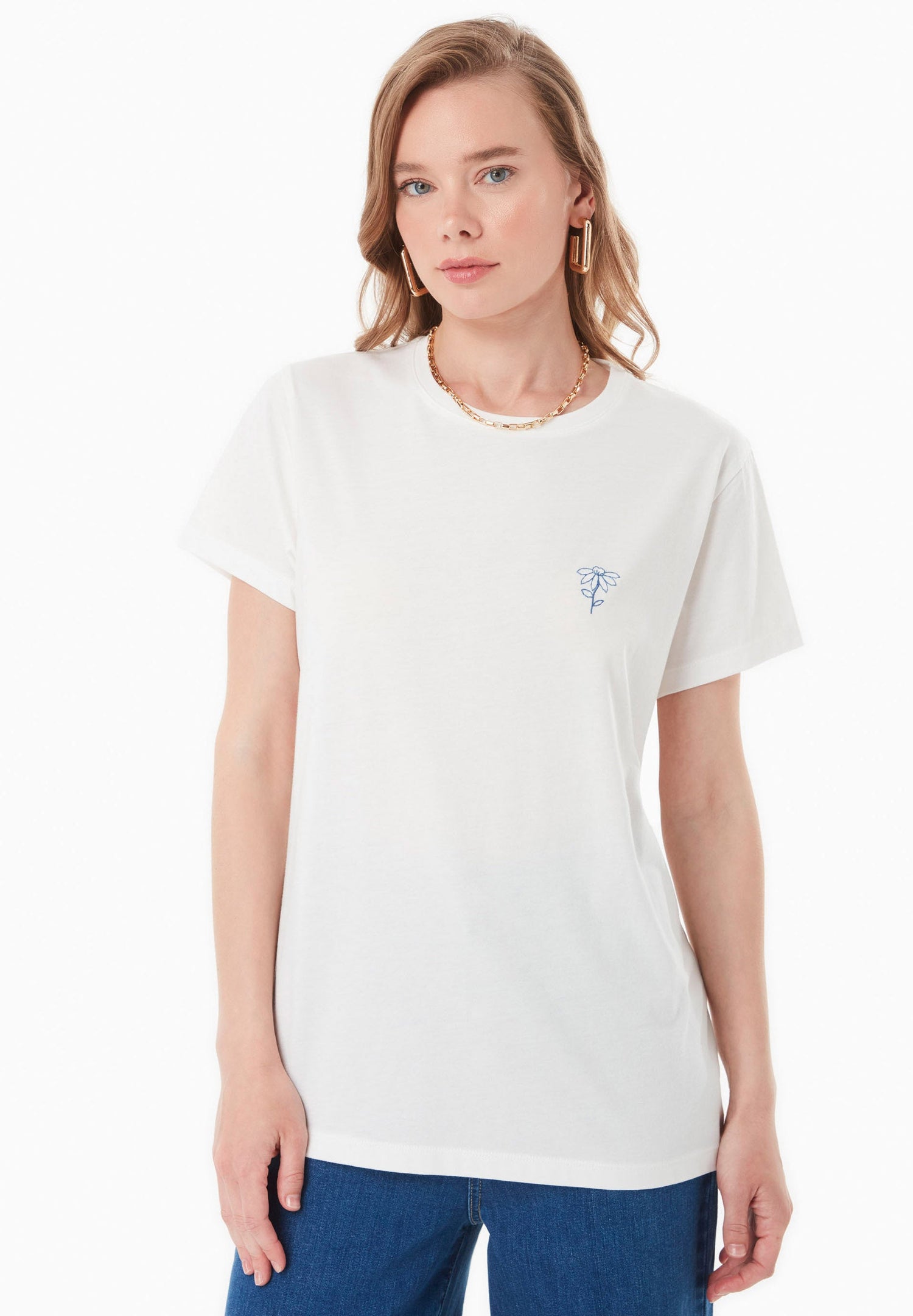 Embroidered Flower T-shirt Gebroken wit