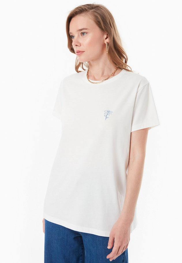 Embroidered Flower T-shirt Gebroken wit