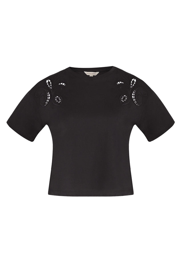 Laser-cut borduursel T-shirt Zwart