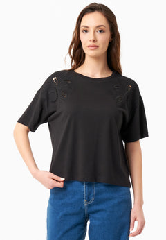 Laser-cut borduursel T-shirt Zwart