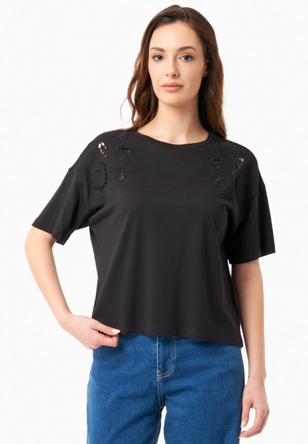 Laser-cut borduursel T-shirt Zwart