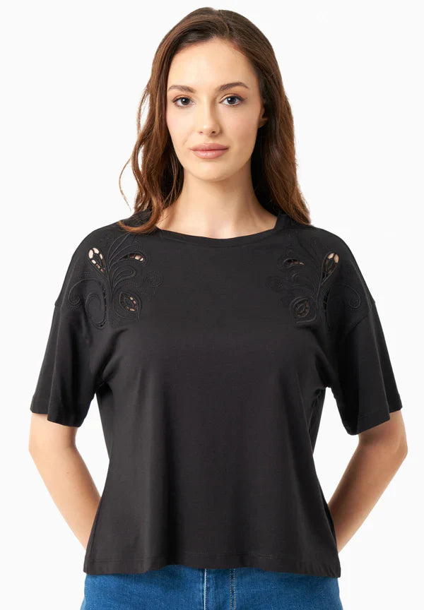 Laser-cut borduursel T-shirt Zwart