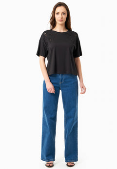 Laser-cut borduursel T-shirt Zwart