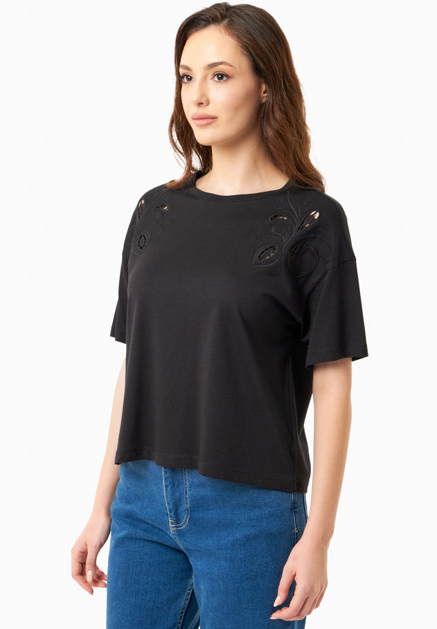 Laser-cut borduursel T-shirt Zwart