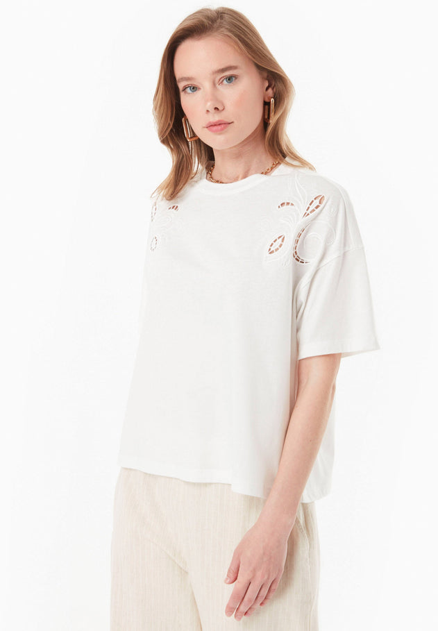 Laser-cut borduursel T-shirt Gebroken wit