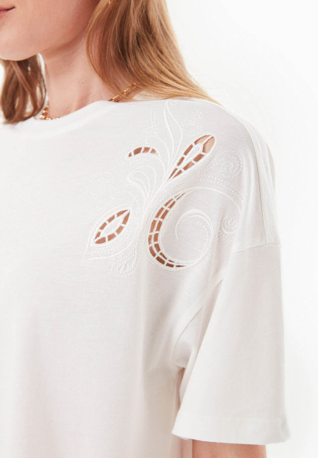 Laser-cut borduursel T-shirt Gebroken wit