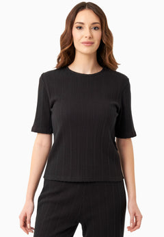 Jacquardrib Korte mouw Top Zwart