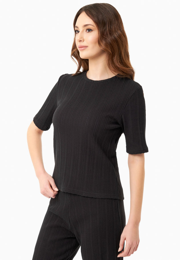 Jacquardrib Korte mouw Top Zwart