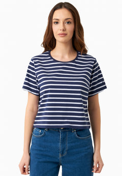 Gestreept Off White/dark T-shirt Marineblauw