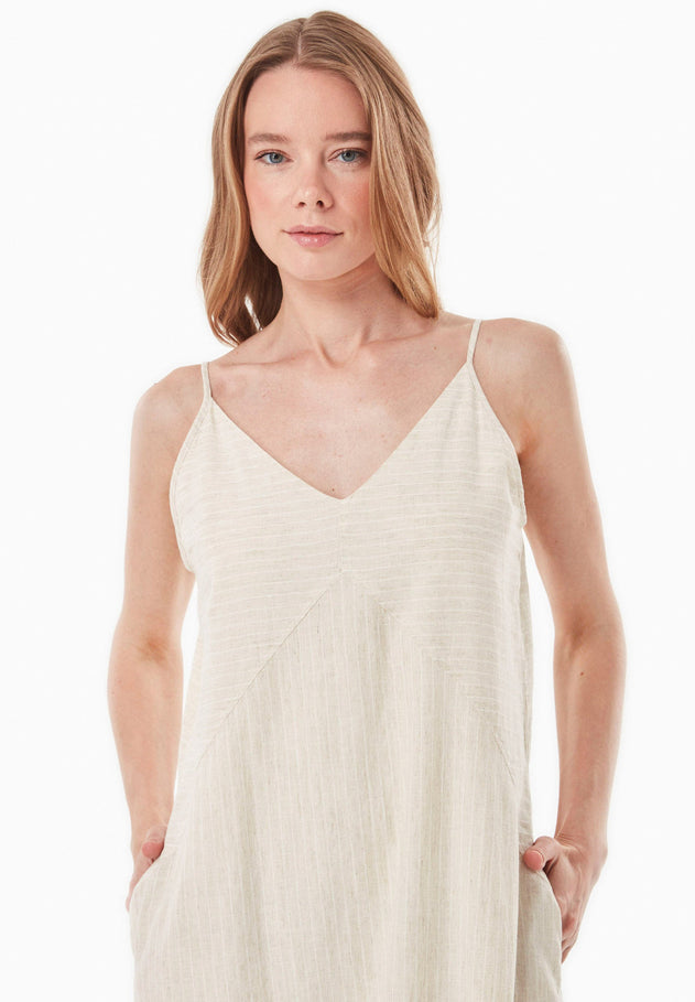 Gestreept Lang V-hals Zomerjurk Naturel / Gebroken wit
