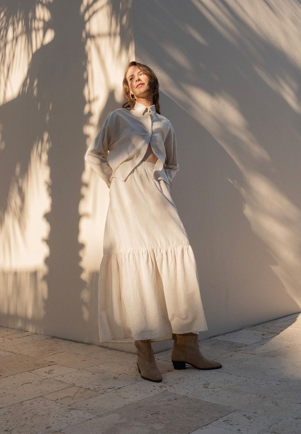 Striped Long Tiered Skirt Natural/Off White