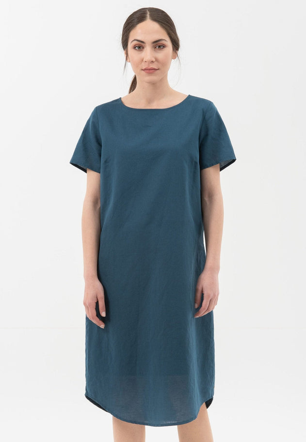 Linnenmix Boothals Jurk Marineblauw
