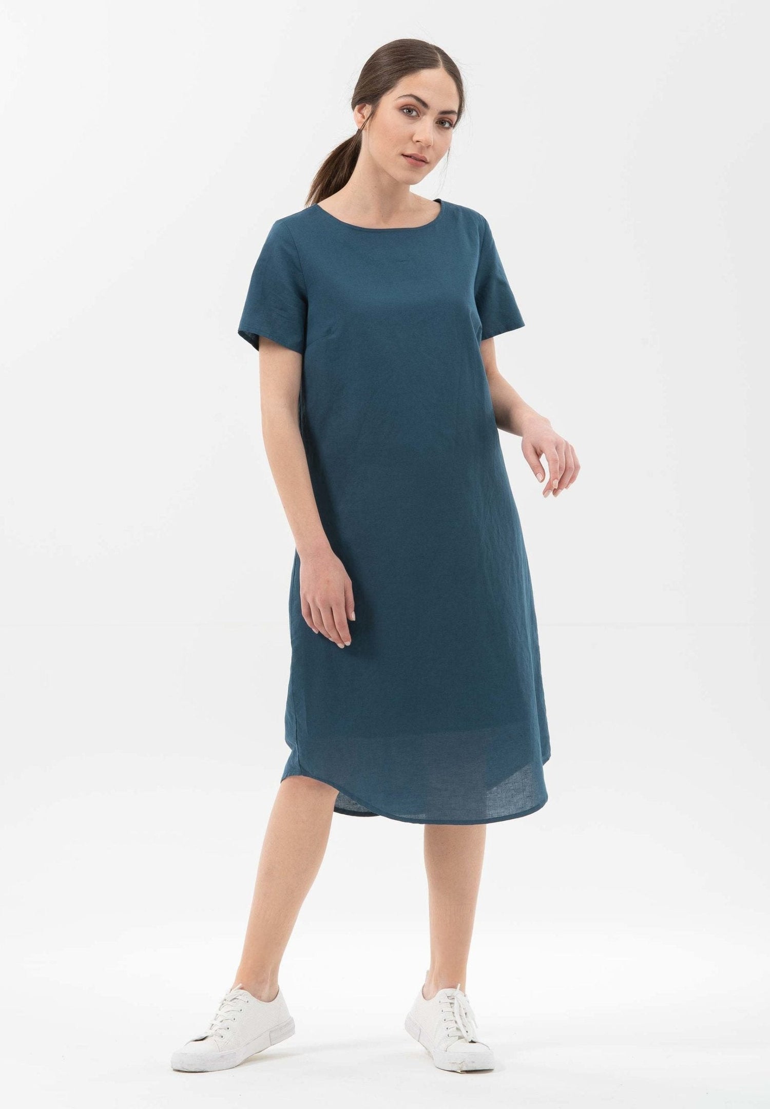 Linnenmix Boothals Jurk Marineblauw