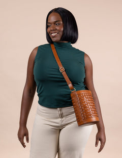 Zola Woven Leather Tas Cognac Bruin