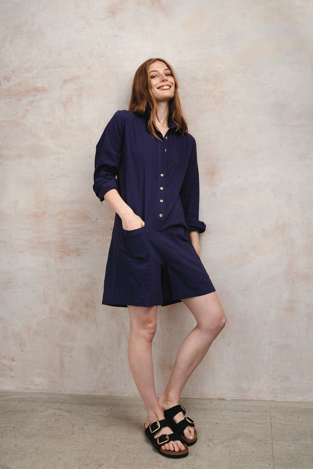 Tiff Organic Cotton Cheesecloth Playsuit Navy