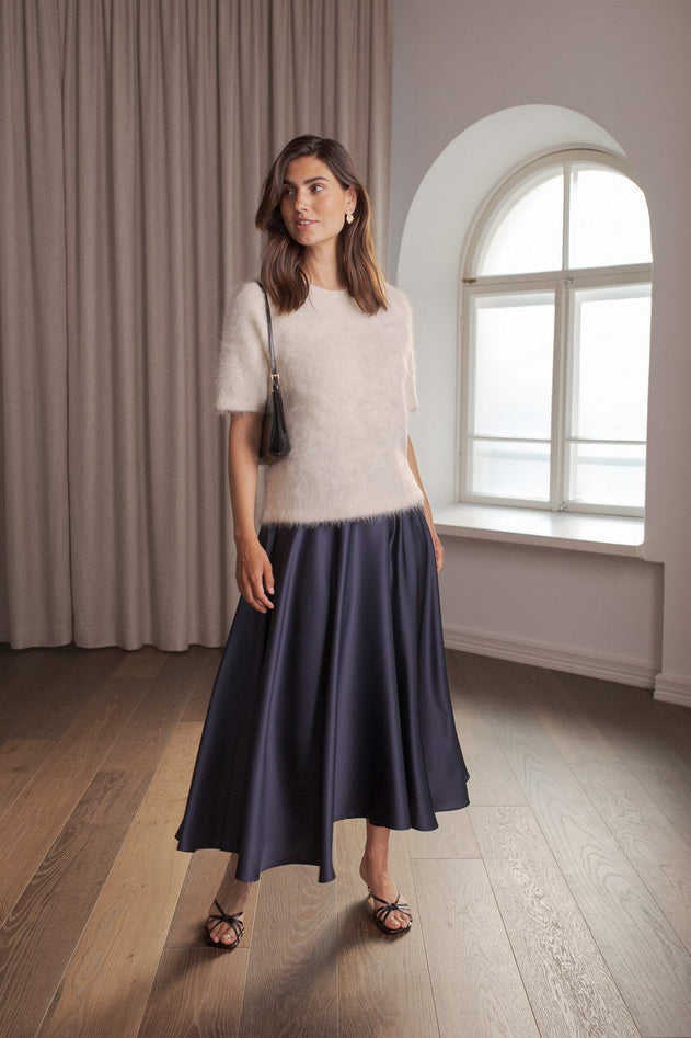 Tina Wide Flared Satin Skirt  Dark Navy