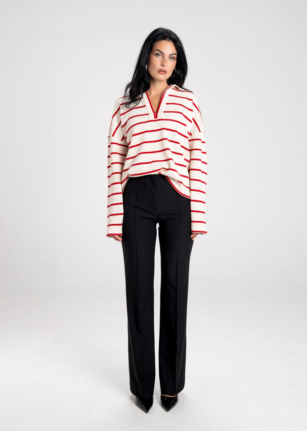 Mable Stripped Polo Sweater Cream & Red
