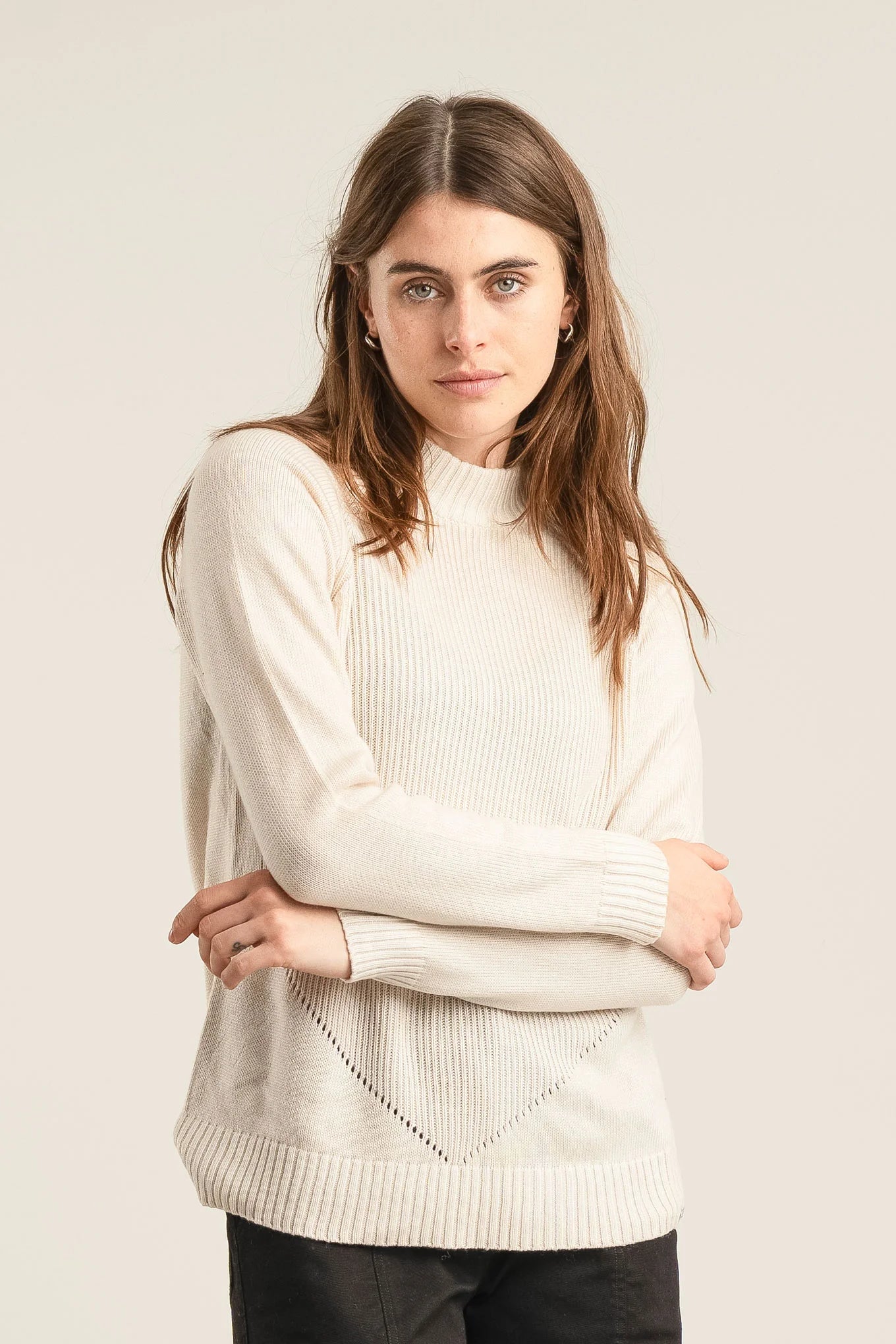 Sand beige merino wool sweater, front view