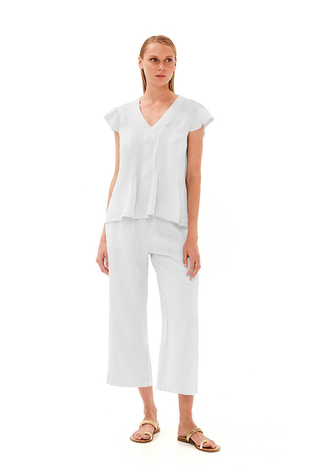 Pleated Detail  Linen Blouse with V Neck