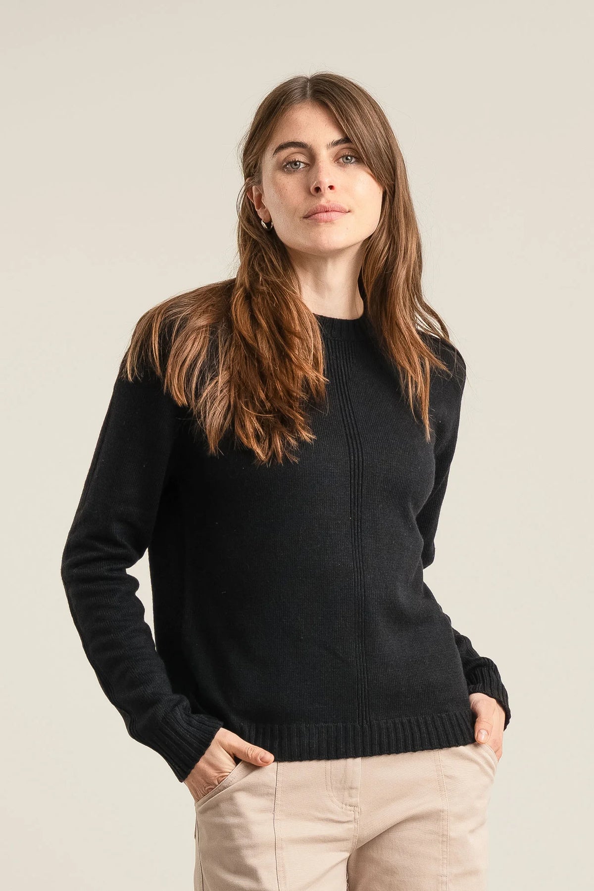 Black merino wool V-neck sweater, front view