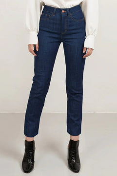 Cropped Straight Leg Jeans Tobacco Stitch Mid Blue - Studio Heijne